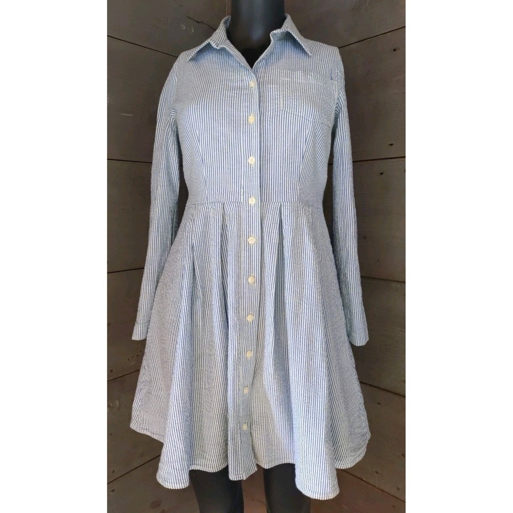1901 Blue White Seersucker Button‎ Down Tie Waist Pockets Short Dress Size 4P
